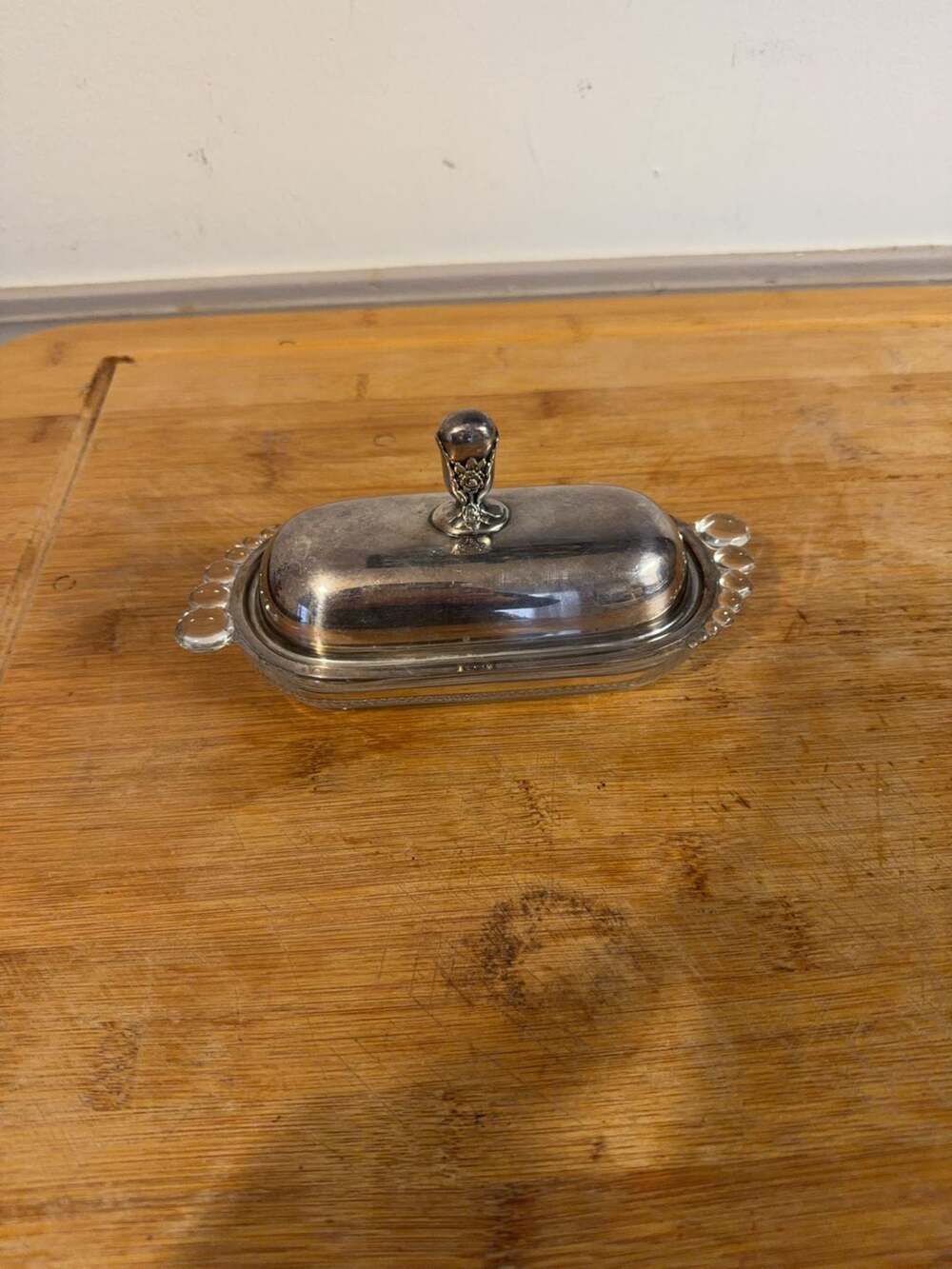 Vintage Silver Plated and Glass Butter Dish with Bead Detail